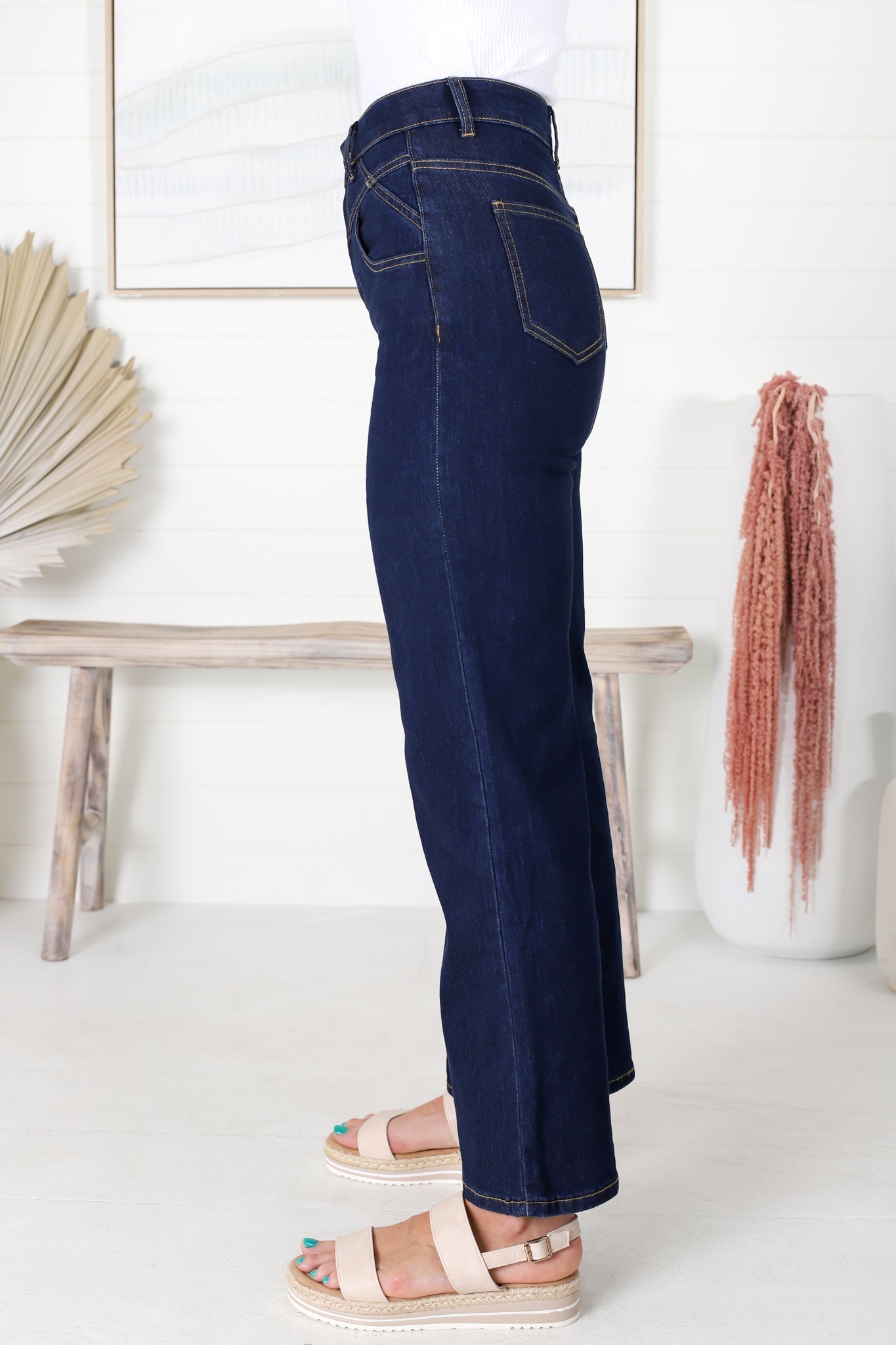 Dante Jeans - High Waisted Contrast Stitch Flare Leg Jeans in Dark Denim