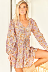 JAASE - Day Mini Dress: V Neckline with Buttoned Bodice Dress in Amity Print