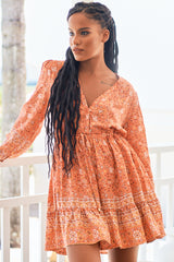 Day Mini Dress - V Neckline with Buttoned Bodice Dress in Ezrah Print