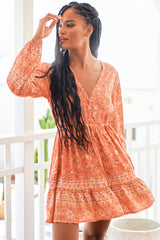 Day Mini Dress - V Neckline with Buttoned Bodice Dress in Ezrah Print