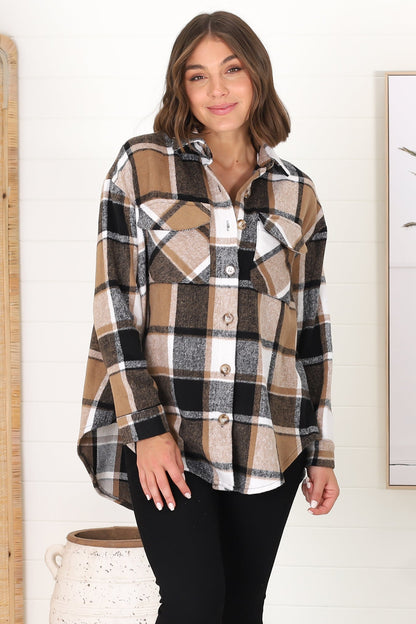Diego Shacket - Relaxed Fit Checkered Shirt Jacket with Scoop Hemline in Black