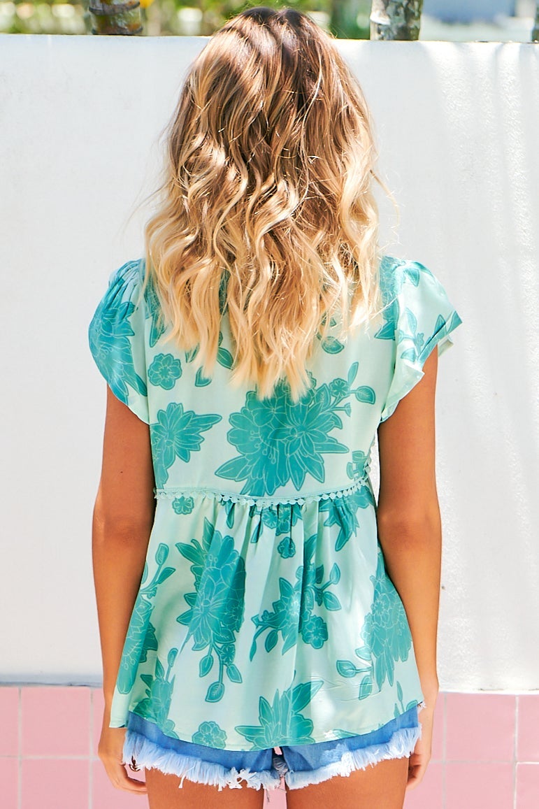 JAASE - Ella Top: Butterfly Cap Sleeve Smock Top with Neck Tie in Capri Sea Print