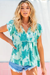 JAASE - Ella Top: Butterfly Cap Sleeve Smock Top with Neck Tie in Capri Sea Print