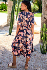 JAASE - Eve Midi Dress: V Neck Tiered Dress with Long Sleeves in Winter Rose Navy Print