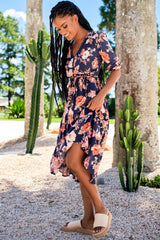 JAASE - Eve Midi Dress: V Neck Tiered Dress with Long Sleeves in Winter Rose Navy Print