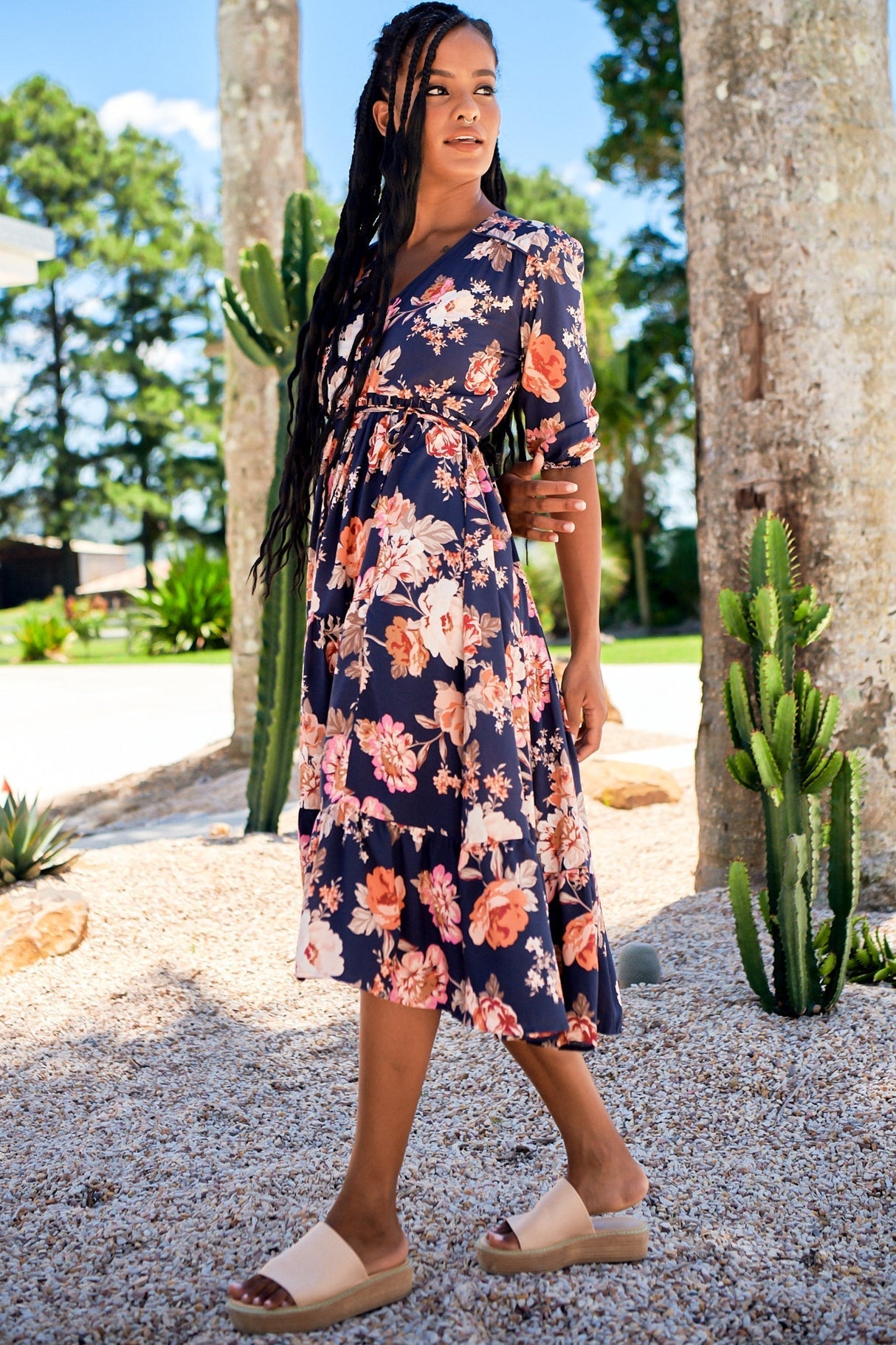 JAASE - Eve Midi Dress: V Neck Tiered Dress with Long Sleeves in Winter Rose Navy Print