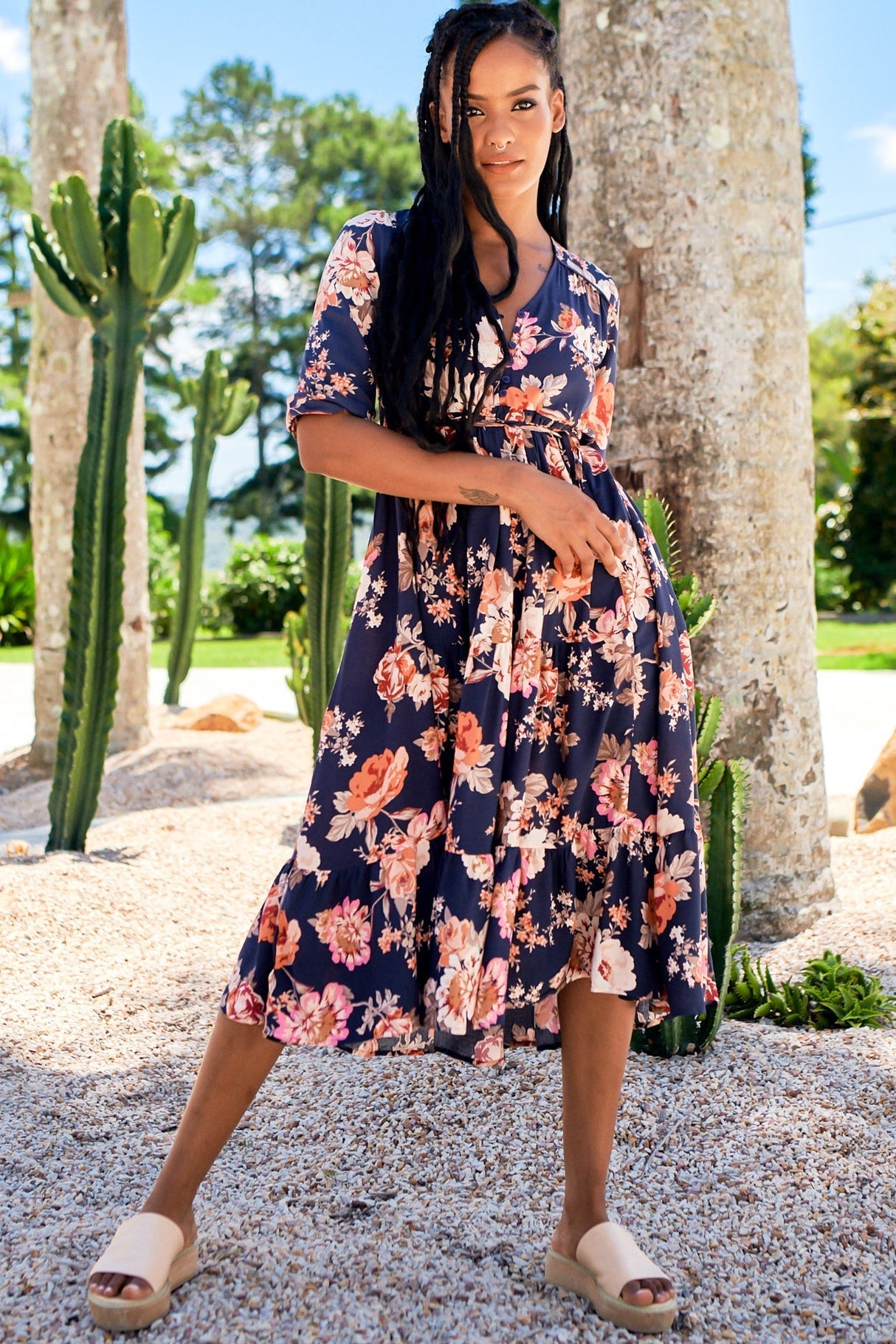 JAASE - Eve Midi Dress: V Neck Tiered Dress with Long Sleeves in Winter Rose Navy Print