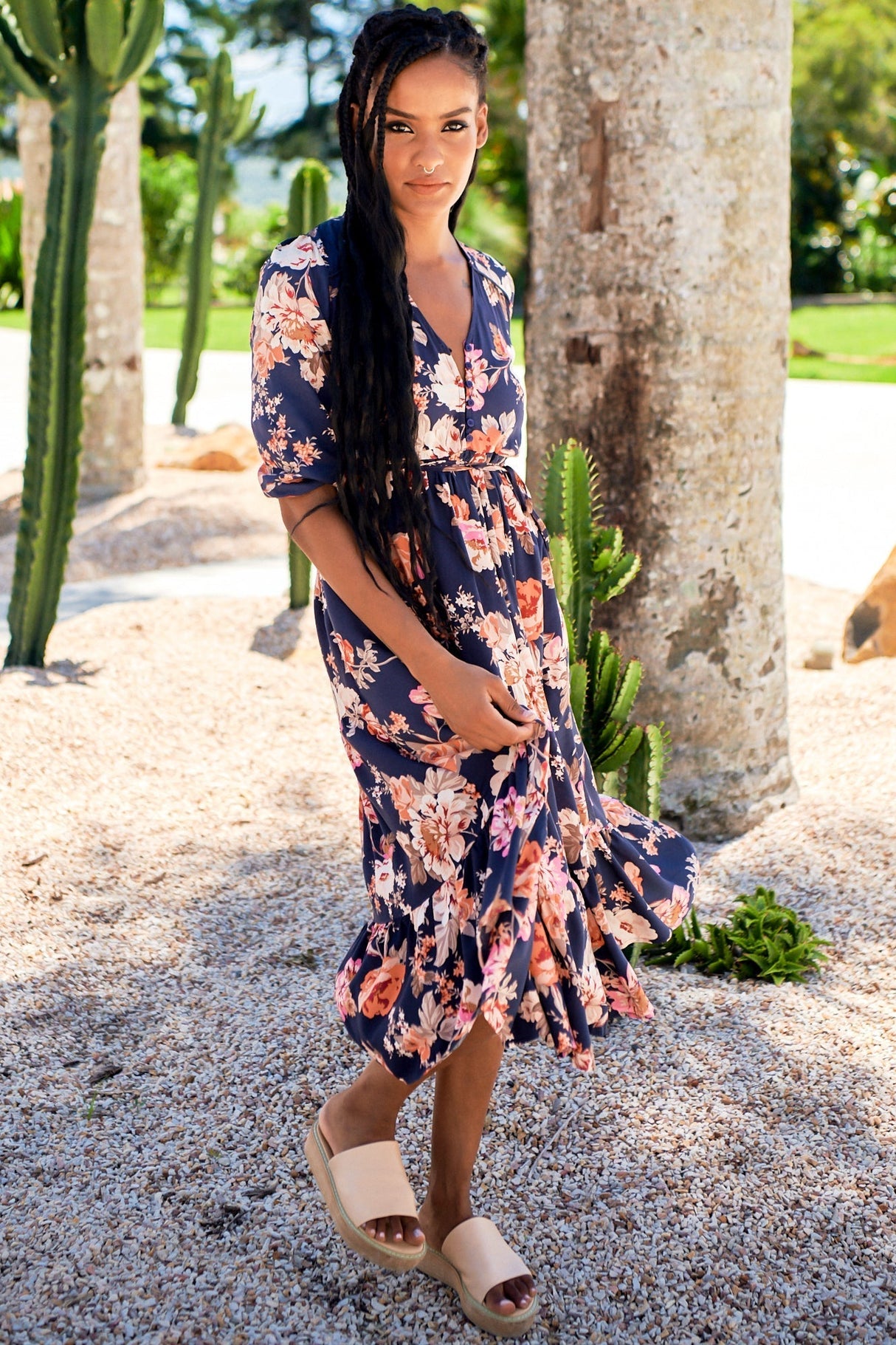 JAASE - Eve Midi Dress: V Neck Tiered Dress with Long Sleeves in Winter Rose Navy Print