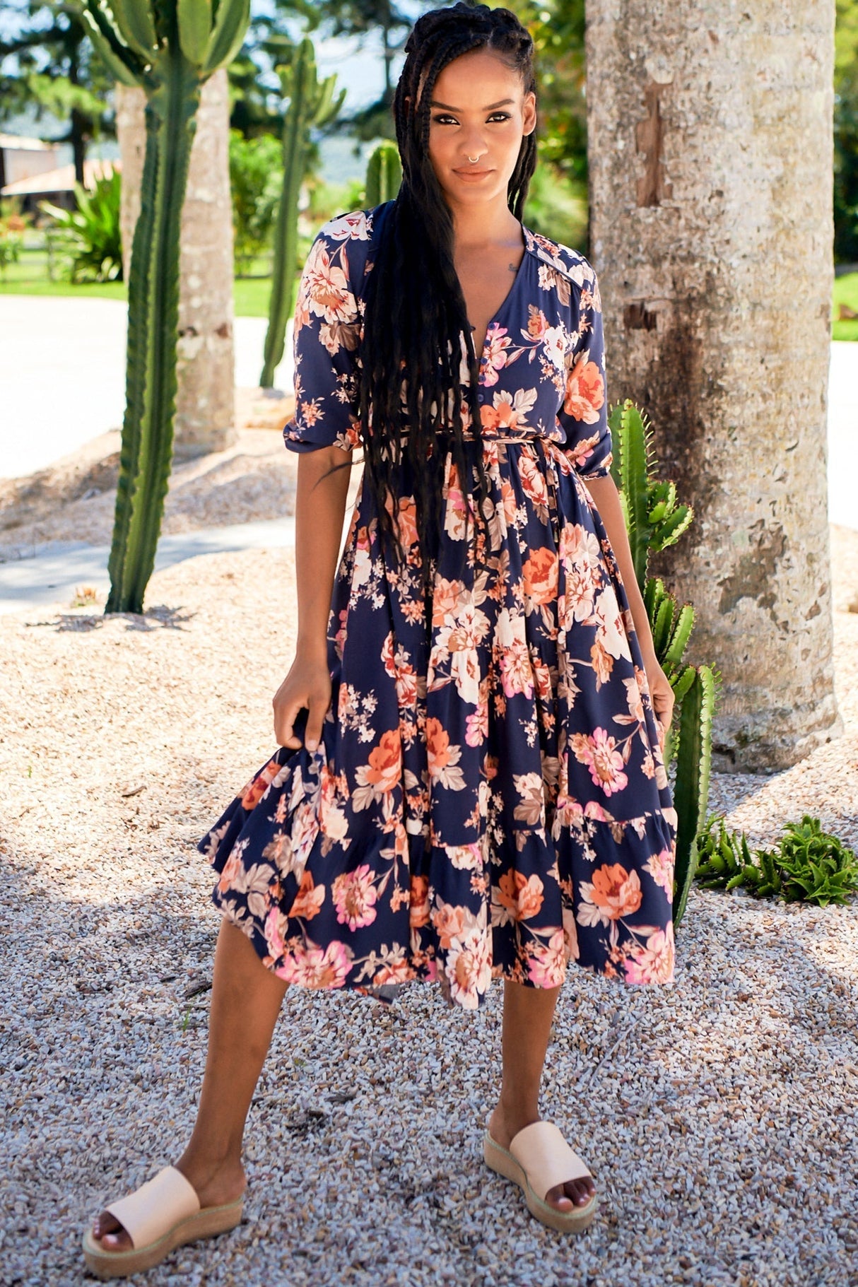 JAASE - Eve Midi Dress: V Neck Tiered Dress with Long Sleeves in Winter Rose Navy Print