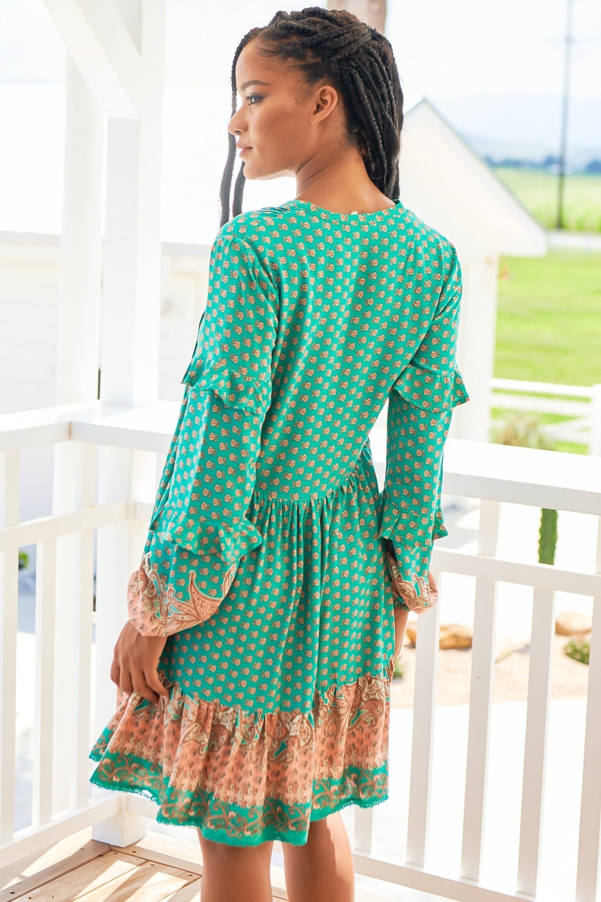 Fey Mini Dress - V-Neck Long Sleeve Mini Dress in Jade Print