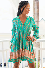 Fey Mini Dress - V-Neck Long Sleeve Mini Dress in Jade Print