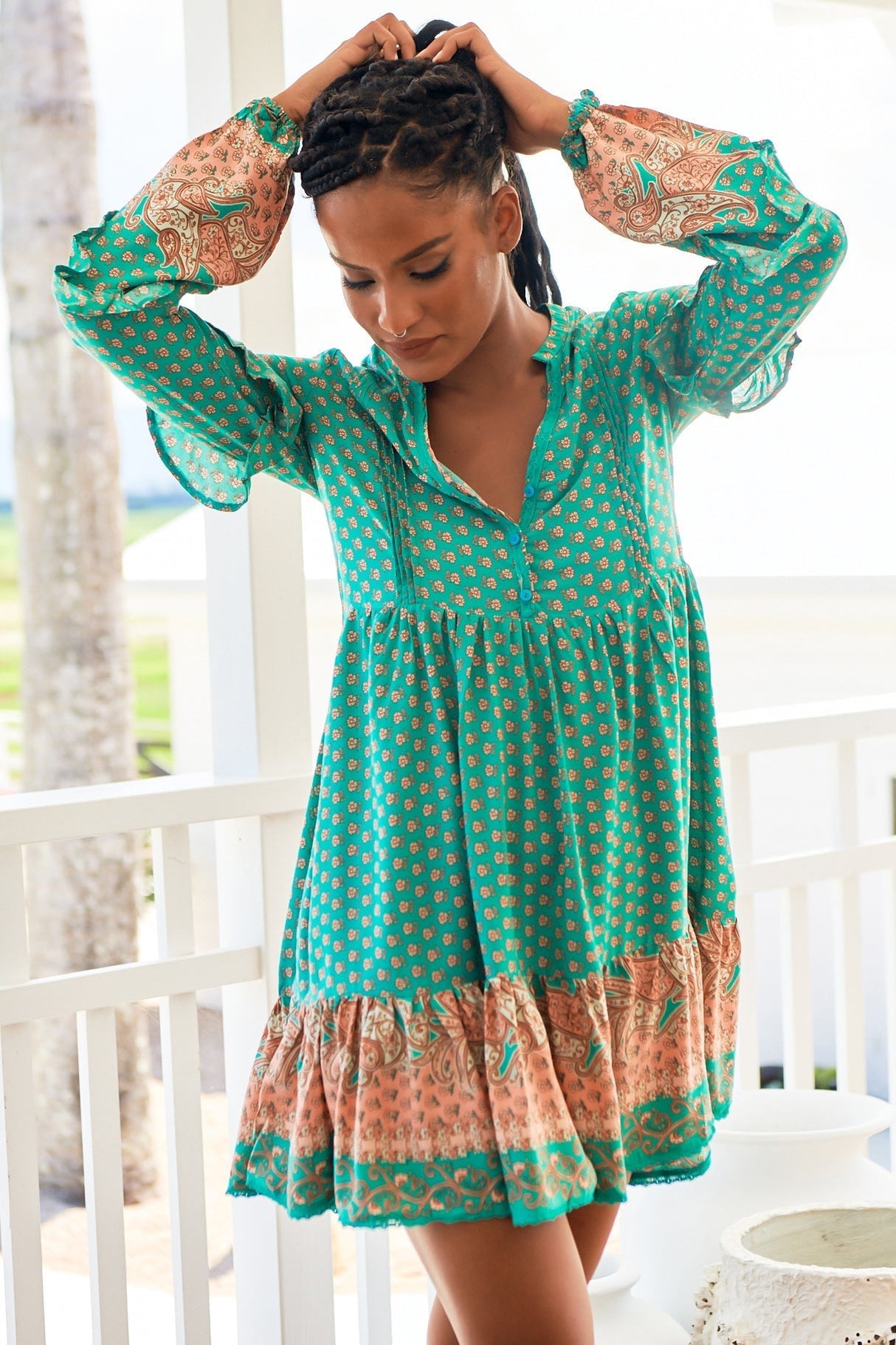 Fey Mini Dress - V-Neck Long Sleeve Mini Dress in Jade Print