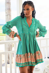 JAASE - Fey Mini Dress: V-Neck Long Sleeve Mini Dress in Jade Print