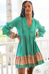 Fey Mini Dress - V-Neck Long Sleeve Mini Dress in Jade Print