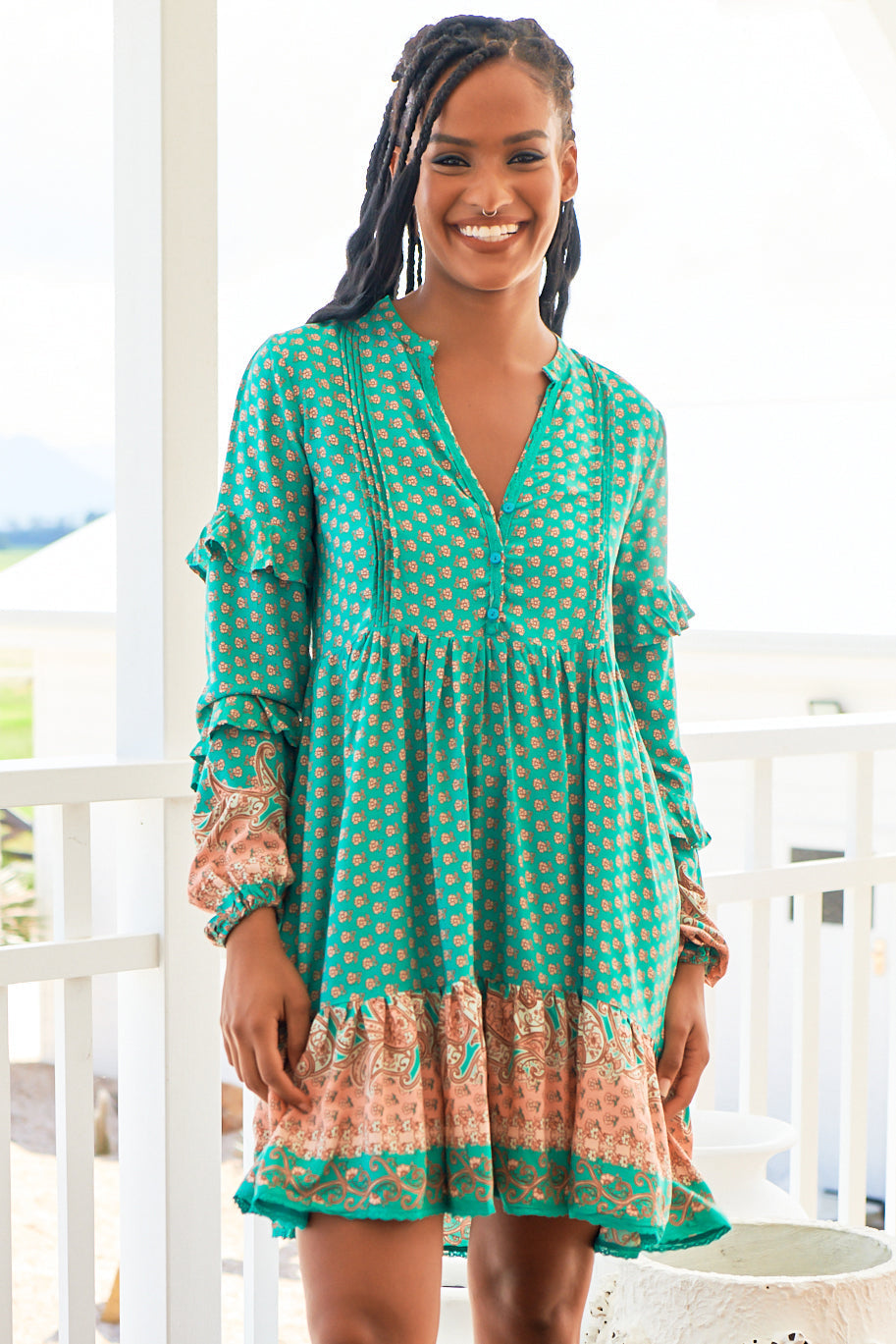 Fey Mini Dress - V-Neck Long Sleeve Mini Dress in Jade Print