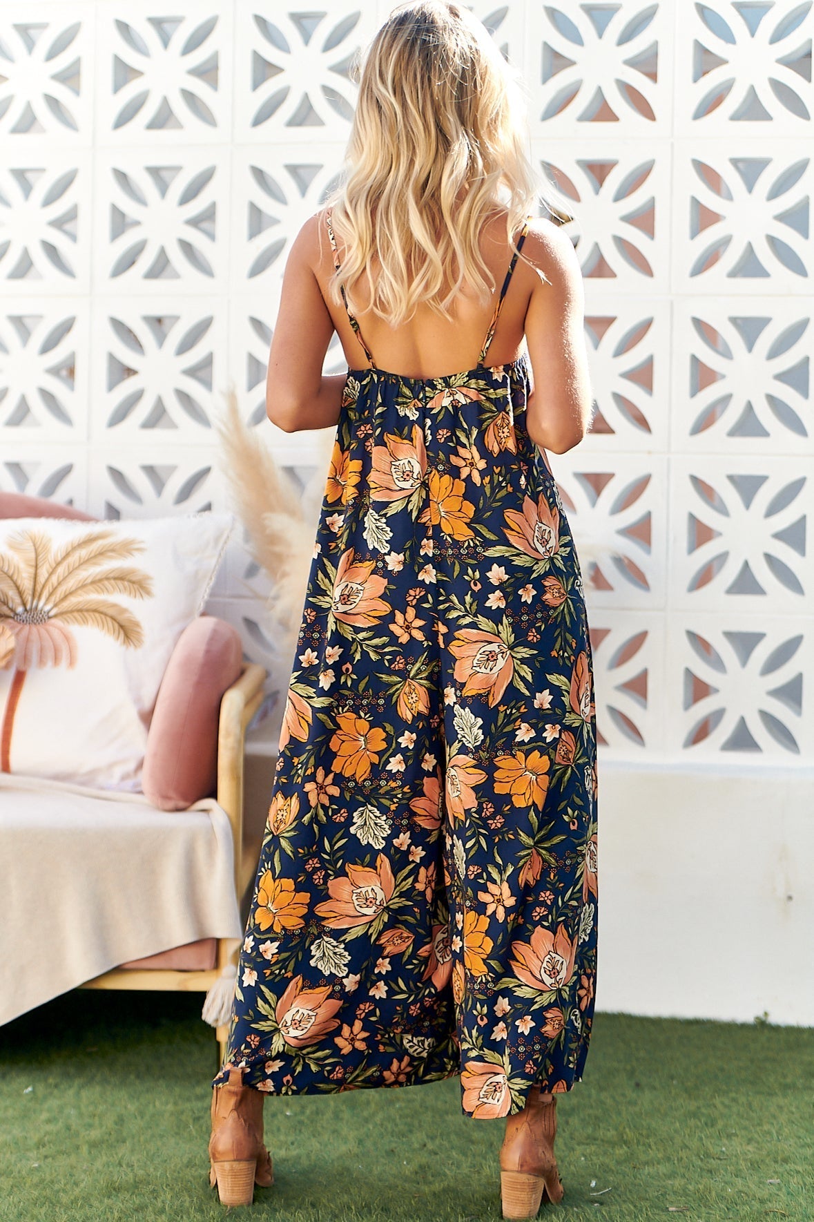 Florida Jumpsuit - Square Neckline Wide Leg Jumpsuit in California Poppy Print