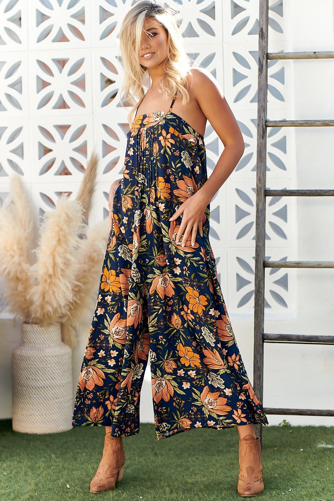 Florida Jumpsuit - Square Neckline Wide Leg Jumpsuit in California Poppy Print