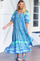 JAASE - Flounder Maxi Dress V Neckline with Pockets Dress in By the Sea Print