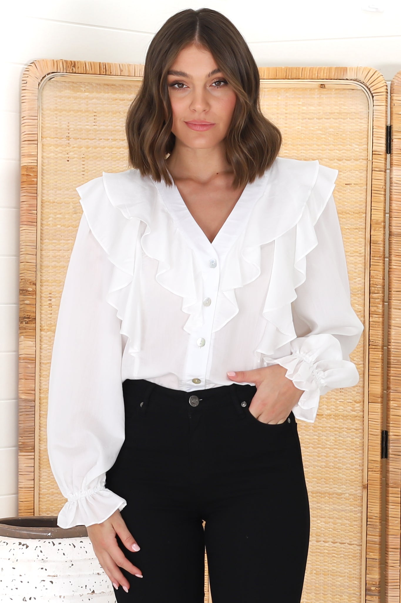 Francis Blouse - Frill Cascades Button Down with Balloon Sleeves in White