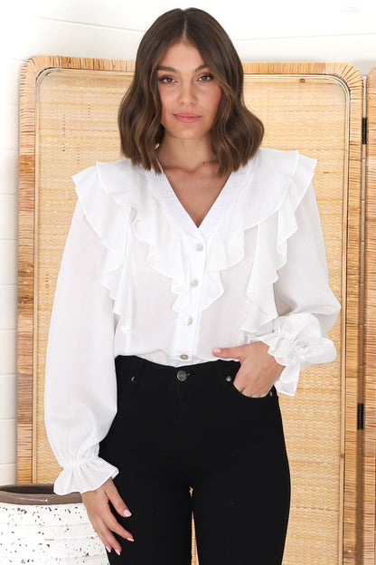 Francis Blouse - Frill Cascades Button Down with Balloon Sleeves in White