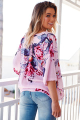 JAASE - Gabriella Top: Mandarin Collar Deep V Neck Crochet Trim Top in Dahlia Print