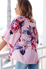 JAASE - Gabriella Top: Mandarin Collar Deep V Neck Crochet Trim Top in Dahlia Print
