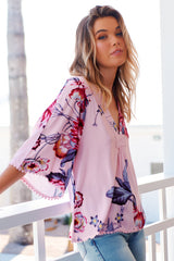 JAASE - Gabriella Top: Mandarin Collar Deep V Neck Crochet Trim Top in Dahlia Print