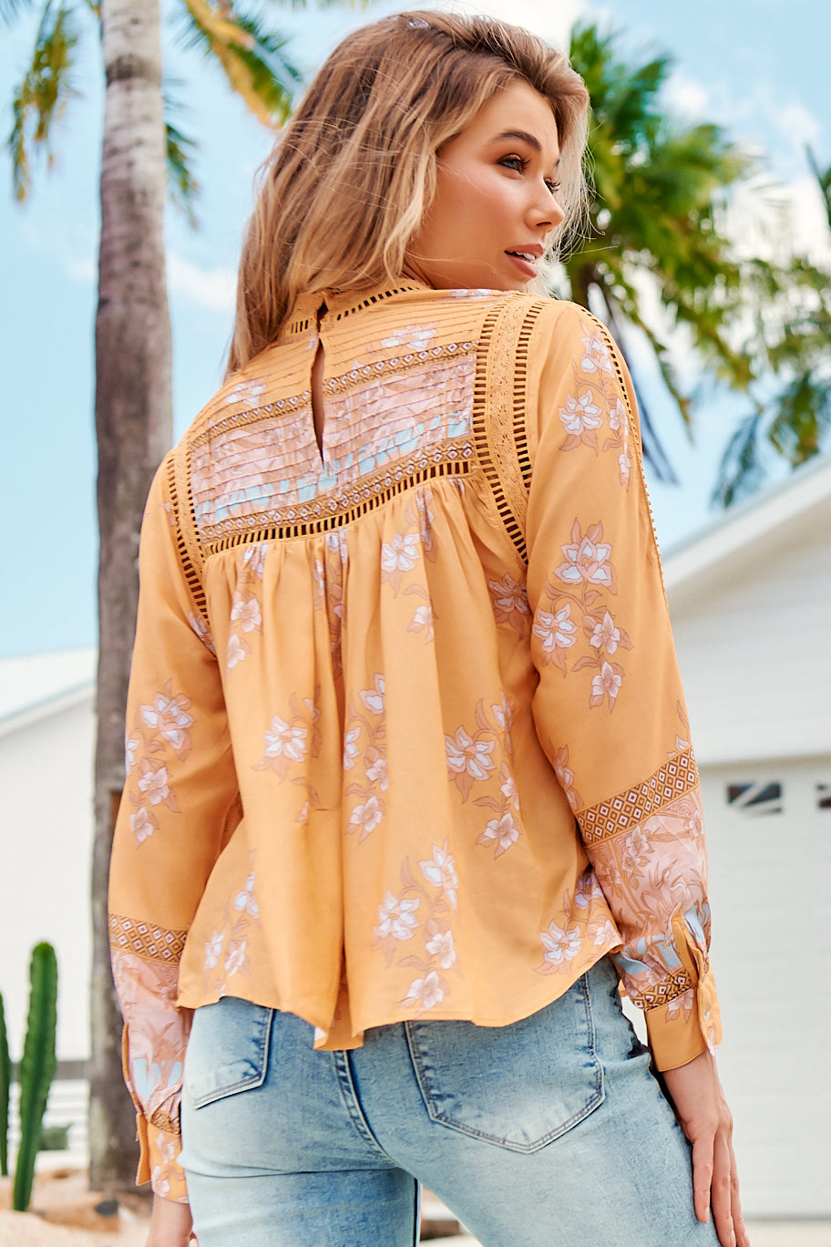 JAASE - Ginny Blouse: Lace High Neck Pull Over Blouse in Mango Paper Crane Print