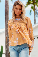 JAASE - Ginny Blouse: Lace High Neck Pull Over Blouse in Mango Paper Crane Print