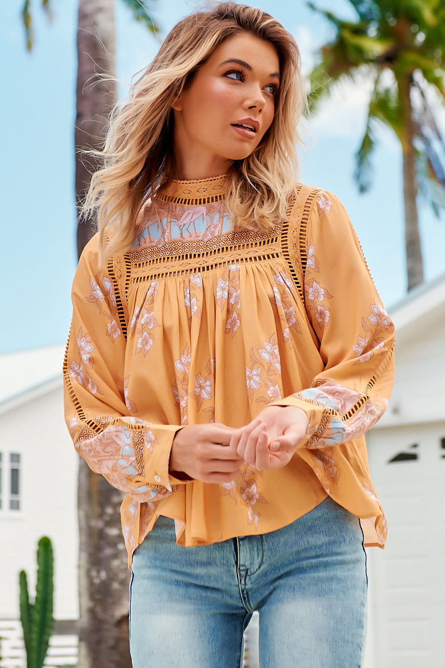 JAASE - Ginny Blouse: Lace High Neck Pull Over Blouse in Mango Paper Crane Print