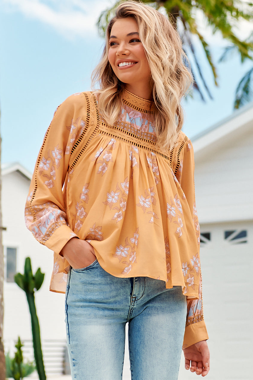 JAASE - Ginny Blouse: Lace High Neck Pull Over Blouse in Mango Paper Crane Print