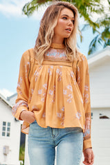 JAASE - Ginny Blouse: Lace High Neck Pull Over Blouse in Mango Paper Crane Print