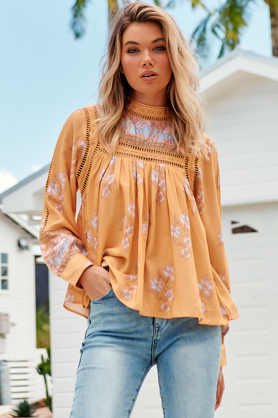 JAASE - Ginny Blouse: Lace High Neck Pull Over Blouse in Mango Paper Crane Print