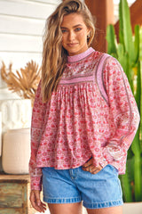 JAASE - Ginny Blouse: High Neck Pull Over Blouse in Rose Blossom Print