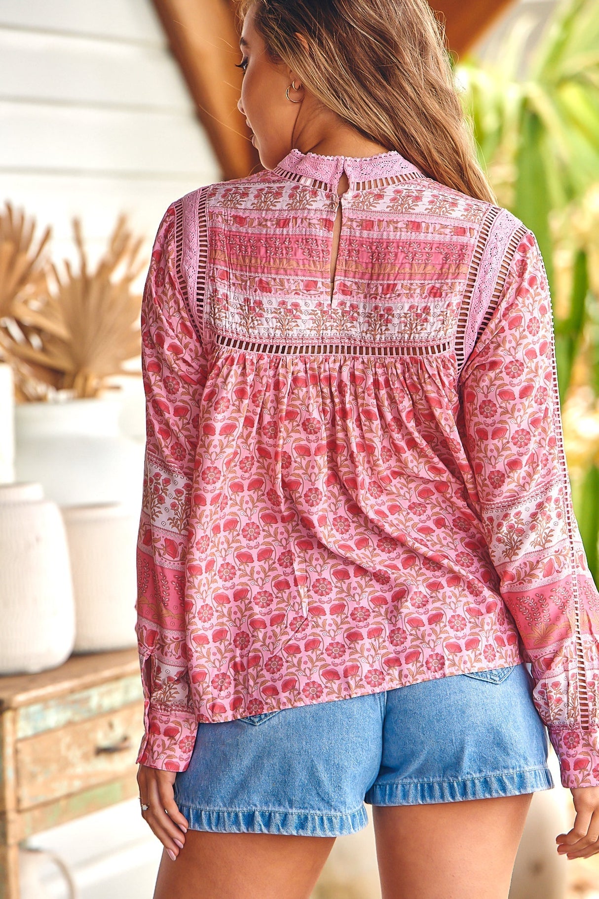 Ginny Blouse - High Neck Pull Over Blouse in Rose Blossom Print