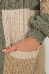 Ingrid Cardigan - Colour Block Open Relaxed Cardigan in Khaki