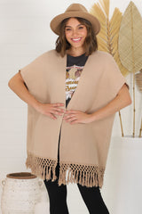 Amore Cardigan - Throw Over Open Knit Poncho with Tassel Hem in Camel