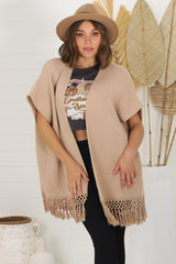 Amore Cardigan - Throw Over Open Knit Poncho with Tassel Hem in Camel