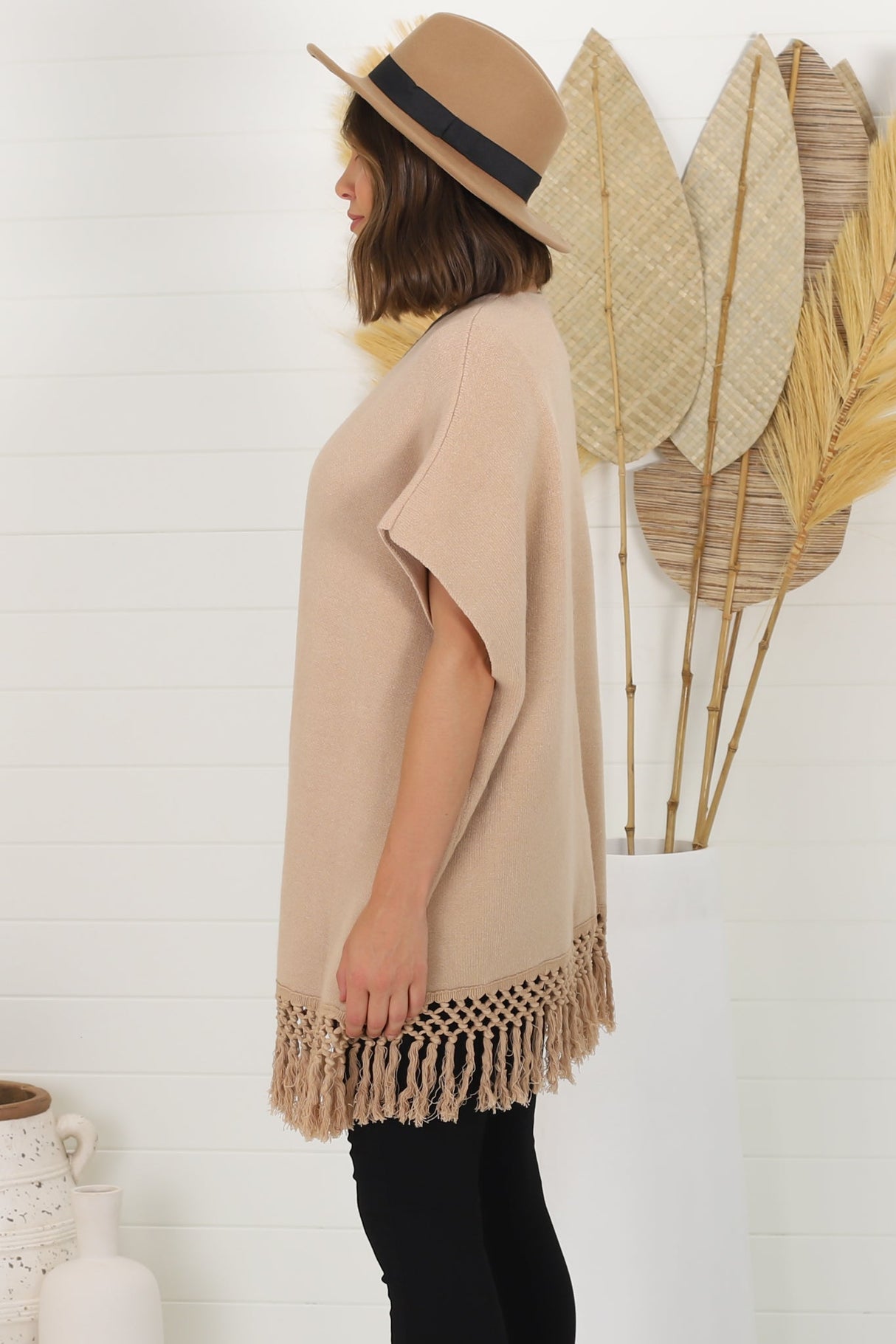 Amore Cardigan - Throw Over Open Knit Poncho with Tassel Hem in Camel