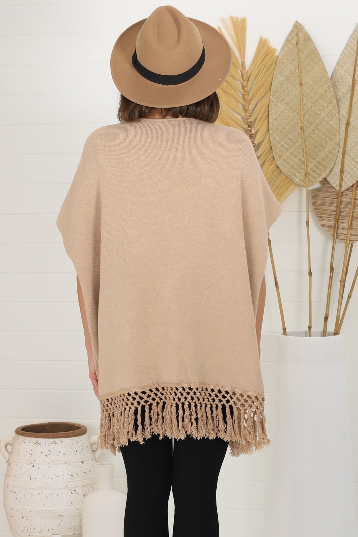 Amore Cardigan - Throw Over Open Knit Poncho with Tassel Hem in Camel