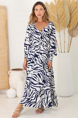 Suzie Maxi Dress - Long Sleeve Pull Tie Waist A Line Dress in Zola Print