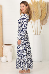 Suzie Maxi Dress - Long Sleeve Pull Tie Waist A Line Dress in Zola Print