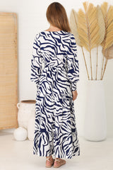 Suzie Maxi Dress - Long Sleeve Pull Tie Waist A Line Dress in Zola Print