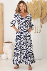 Suzie Maxi Dress - Long Sleeve Pull Tie Waist A Line Dress in Zola Print