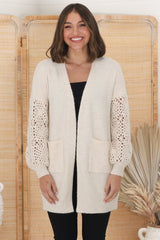 Lorena Cardigan - Holey Knit Sleeve Cardigan in Sand