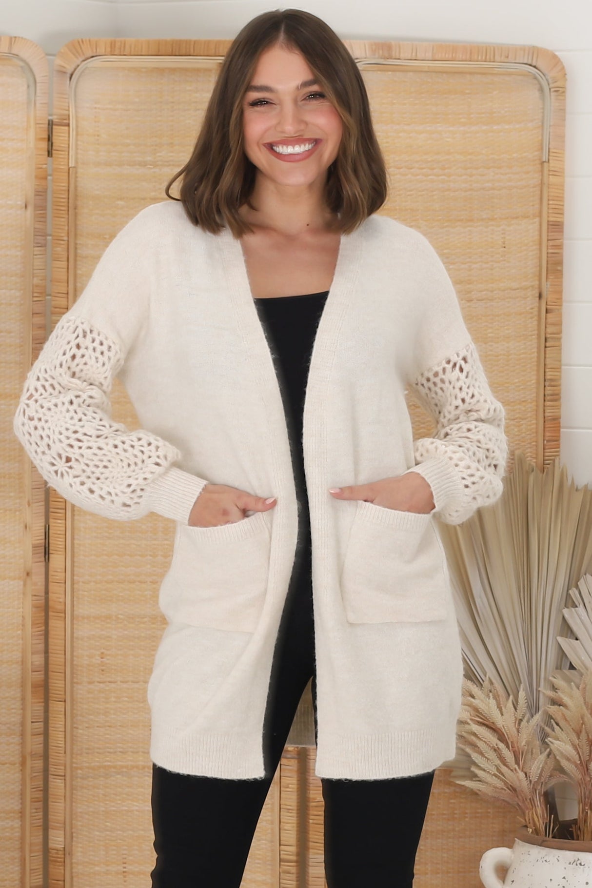 Lorena Cardigan - Holey Knit Sleeve Cardigan in Sand