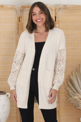 Lorena Cardigan - Holey Knit Sleeve Cardigan in Sand