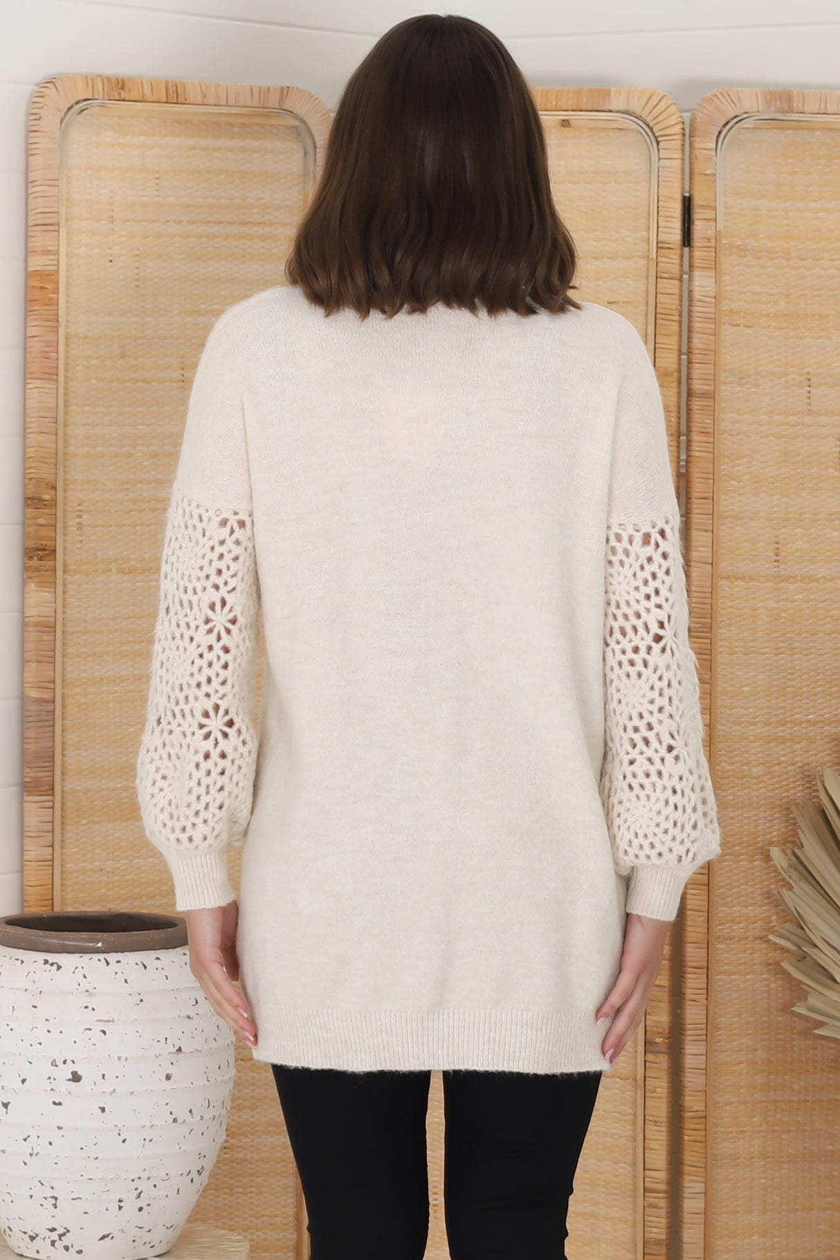 Lorena Cardigan - Holey Knit Sleeve Cardigan in Sand