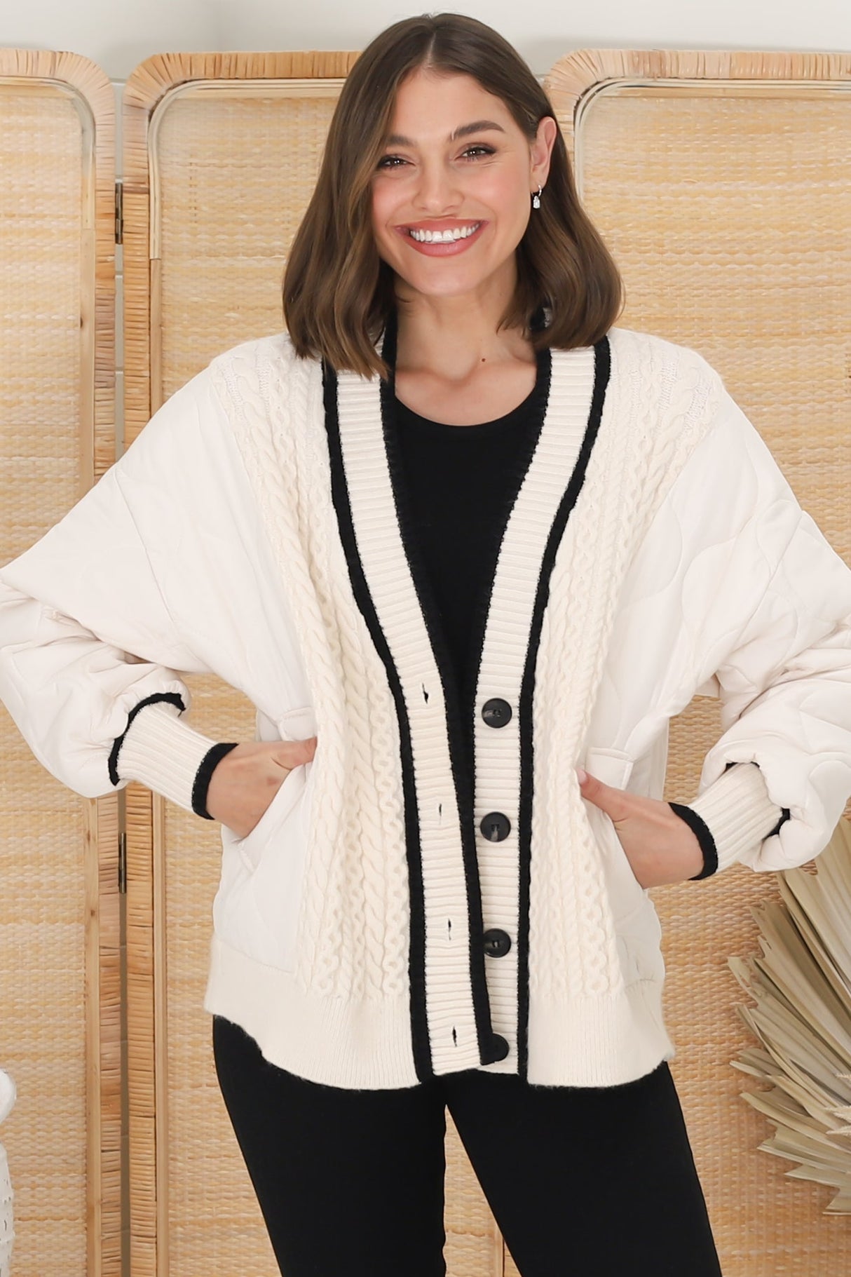 Acer Jacket - Cable Knit Front with Puffer Sleeve Jacket in Beige