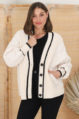 Acer Jacket - Cable Knit Front with Puffer Sleeve Jacket in Beige